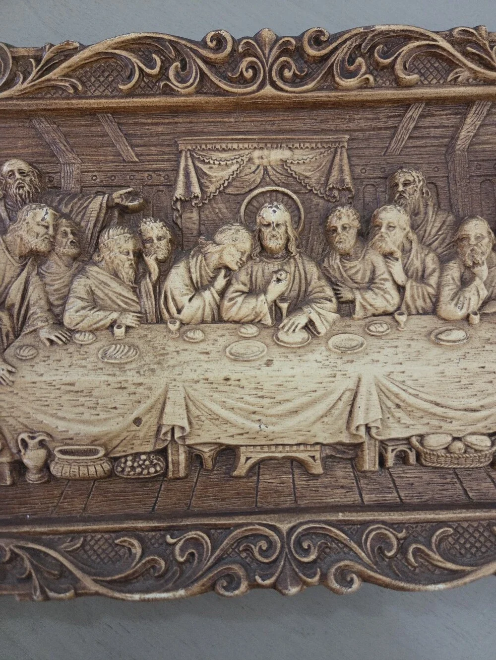 Vintage Multi Products Inc 3D Last Supper Wall Plaque Faux Wood Relief, EUC
